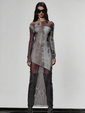 NWT-Muse Sheer Long-Sleeve Asymmetric Maxi Dress in Gray and Charcoal